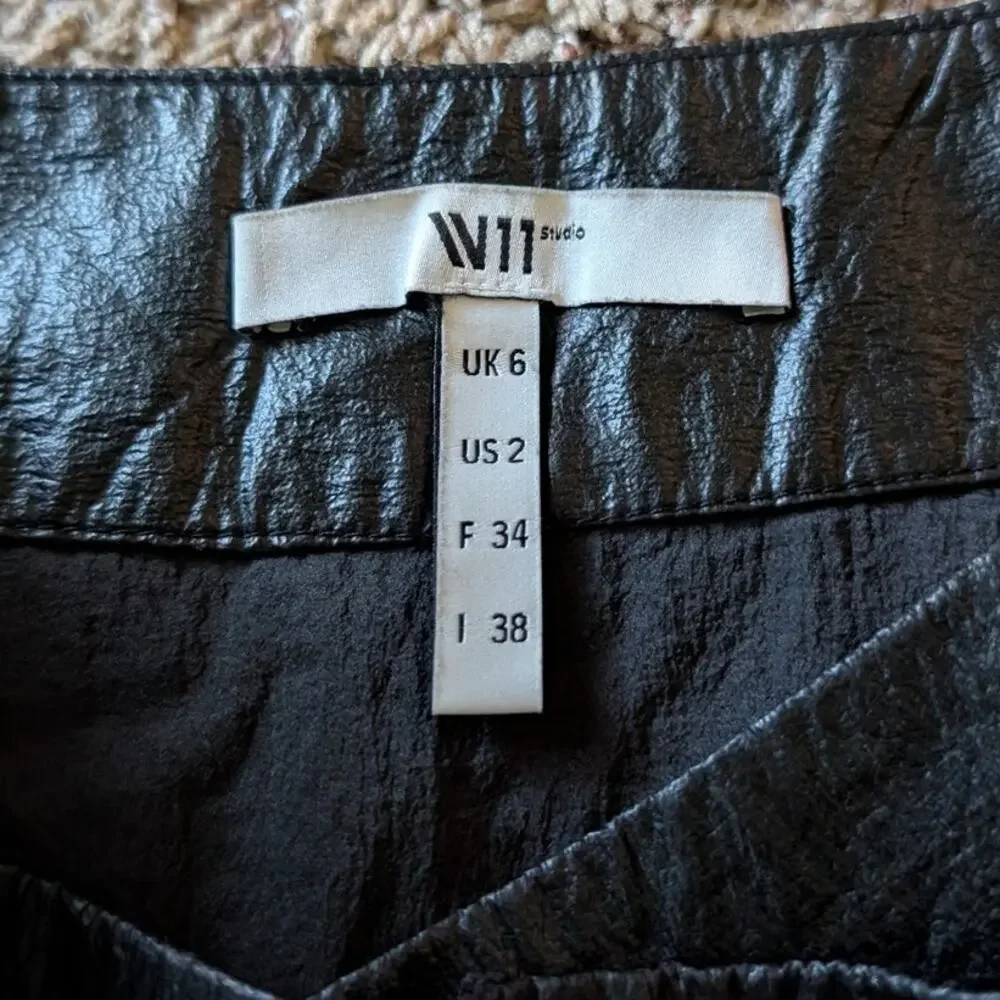 Studio W11 Black Faux Leather A-line Wrap Ruffle Mini Skirt, size 2